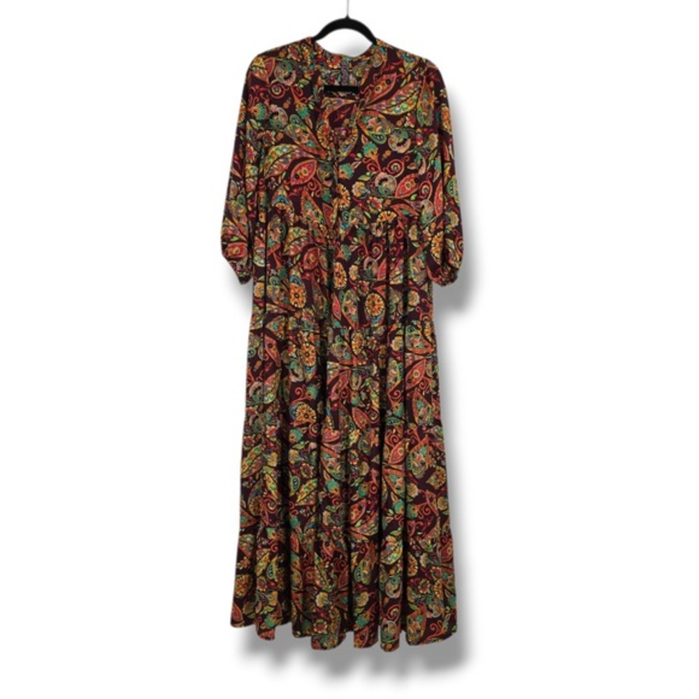 New Me 2 Magic Womens Paisley Floral Tiered Maxi Dress Burgundy Boho Size‎ Small